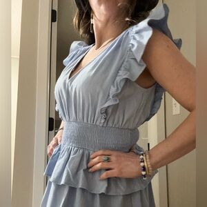 Designed in LA - Denim/Light Blue Ruffle-Sleeve Maxi Dress with Smocked Waist